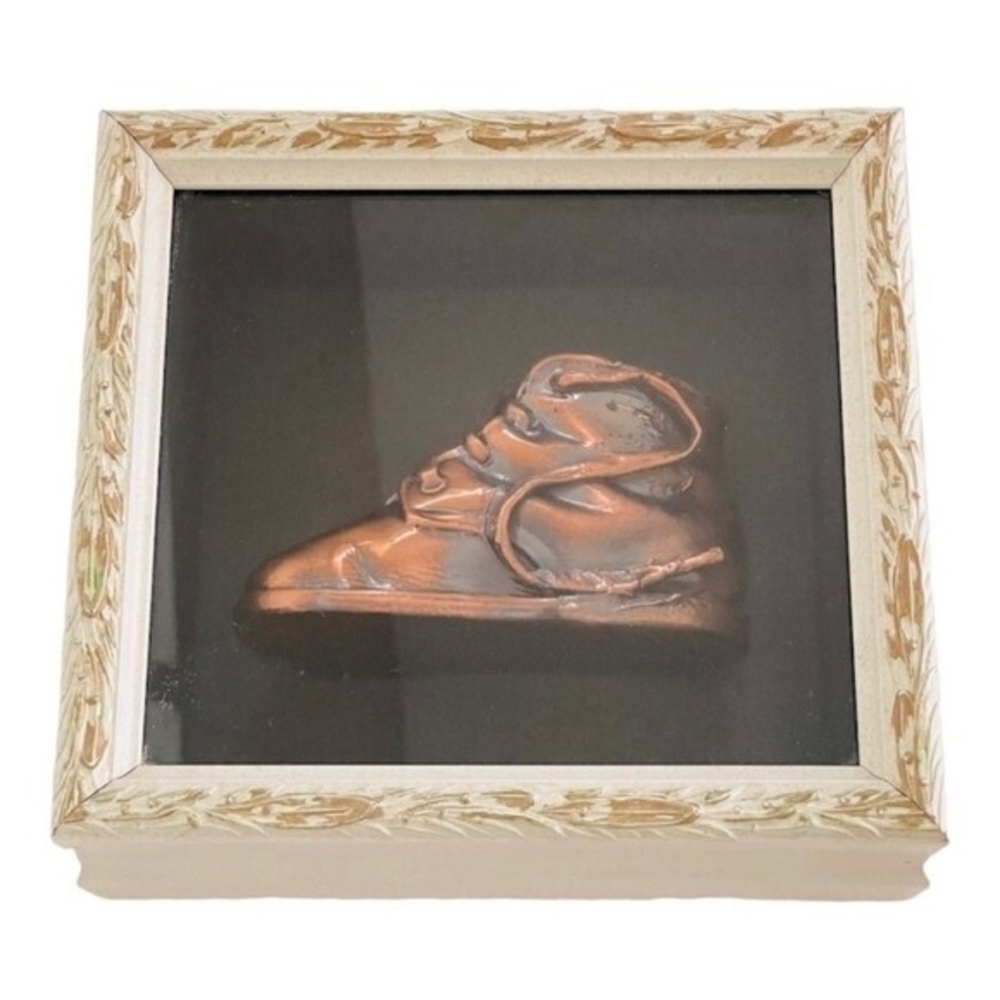Vintage Copper Plated Baby Shoe Shadow Box Frame Wall Art Decor 7.75" Display VG